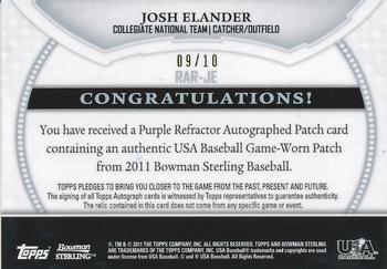 2011 Bowman Sterling - USA Baseball Relic Autograph Purple Refractors #JE Josh Elander Back