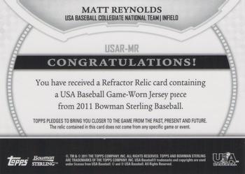 2011 Bowman Sterling - USA Baseball Relics #USAR-MR Matt Reynolds Back