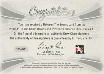 2011 In The Game Heroes & Prospects - Between the Seams Autographs Red #BTS-DC Drew Cisco Back