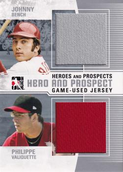 2011 In The Game Heroes & Prospects - Heroes And Prospects Dual Jerseys Gold #HPJ-18 Johnny Bench / Philippe Valiquette Front