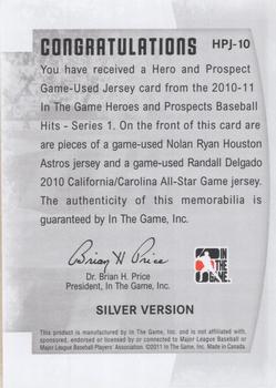 2011 In The Game Heroes & Prospects - Heroes And Prospects Dual Jerseys Silver #HPJ-10 Nolan Ryan / Randall Delgado Back