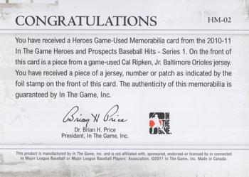 2011 In The Game Heroes & Prospects - Heroes Jerseys Gold #HM-02 Cal Ripken Jr. Back