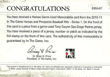 2011 In The Game Heroes & Prospects - Heroes Jerseys Gold #HM-07 Tony Gwynn Back
