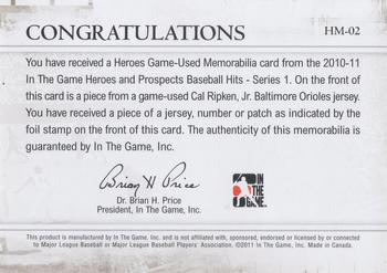 2011 In The Game Heroes & Prospects - Heroes Jerseys Silver #HM-02 Cal Ripken Jr. Back