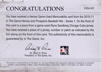 2011 In The Game Heroes & Prospects - Heroes Jerseys Silver #HM-05 Ryne Sandberg Back