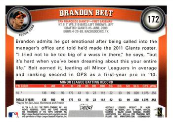 2011 Topps Chrome - Rookie Autographs #172 Brandon Belt Back