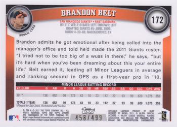 2011 Topps Chrome - Rookie Autographs Refractors #172 Brandon Belt Back