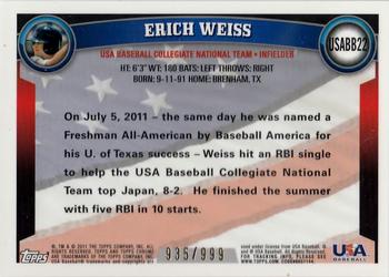 2011 Topps Chrome - USA Baseball Refractors #USABB22 Erich Weiss Back