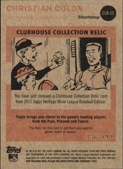 2011 Topps Heritage Minor League - Clubhouse Collection Relics Blue Tint #CCR-CC Christian Colon Back