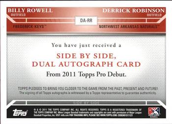 2011 Topps Pro Debut - Side By Side Autographs #DA-RR Billy Rowell / Derrick Robinson Back