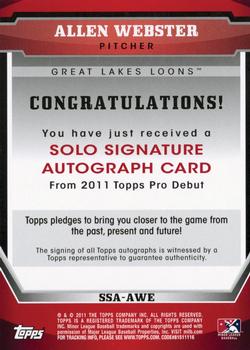 2011 Topps Pro Debut - Solo Signatures #SSA-AWE Allen Webster Back