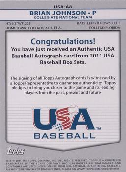 2011 Topps USA Baseball - Autographs #USA-A8 Brian Johnson Back