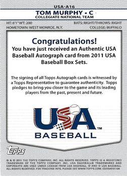 2011 Topps USA Baseball - Autographs #USA-A16 Tom Murphy Back
