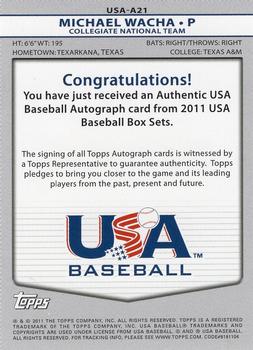 2011 Topps USA Baseball - Autographs #USA-A21 Michael Wacha Back