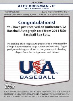 2011 Topps USA Baseball - Autographs #USA-A44 Alex Bregman Back