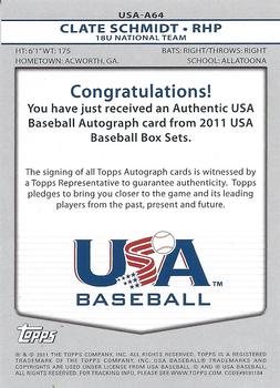 2011 Topps USA Baseball - Autographs #USA-A64 Clate Schmidt Back