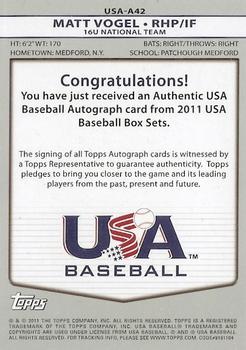 2011 Topps USA Baseball - Autographs #USA-A42 Matt Vogel Back