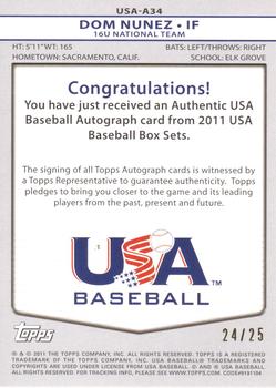 2011 Topps USA Baseball - Autographs Gold #USA-A34 Dom Nunez Back