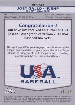 2011 Topps USA Baseball - Autographs Red #USA-A51 Joey Gallo Back