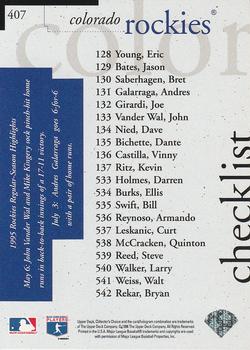 1996 Collector's Choice #407 Rockies Checklist Back