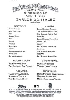 2011 Topps Allen & Ginter - Code Cards #1 Carlos Gonzalez Back