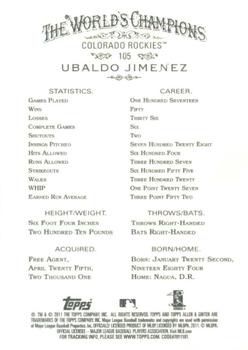 2011 Topps Allen & Ginter - Code Cards #105 Ubaldo Jimenez Back