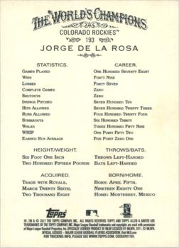 2011 Topps Allen & Ginter - Code Cards #193 Jorge De La Rosa Back