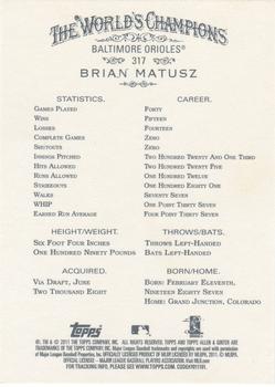 2011 Topps Allen & Ginter - Code Cards #317 Brian Matusz Back