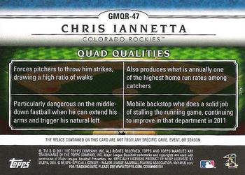 2011 Topps Marquee - Gametime Mementos Quad Relics Patch #GMQP-47 Chris Iannetta Back