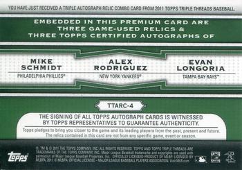 2011 Topps Triple Threads - Autograph Relic Combos Emerald #TTARC-4 Mike Schmidt / Alex Rodriguez / Evan Longoria Back