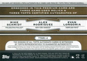 2011 Topps Triple Threads - Autograph Relic Combos Gold #TTARC-4 Mike Schmidt / Alex Rodriguez / Evan Longoria Back