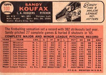 1966 Topps #100 Sandy Koufax Back