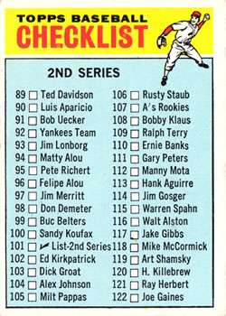 1966 Topps #101 2nd Series Checklist: 89-176 Front