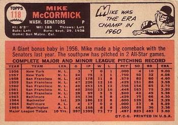 1966 Topps #118 Mike McCormick Back