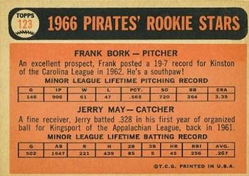 1966 Topps #123 Pirates 1966 Rookie Stars (Frank Bork / Jerry May) Back