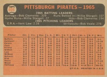 1966 Topps #404 Pittsburgh Pirates Back