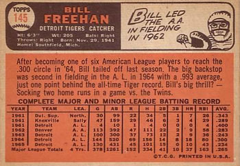1966 Topps #145 Bill Freehan Back