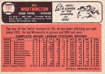 1966 Topps #181 Al Worthington Back