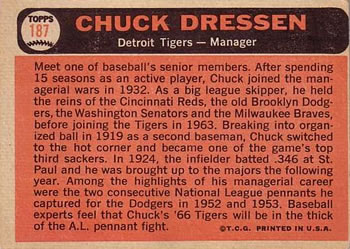 1966 Topps #187 Chuck Dressen Back