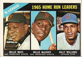 1966 Topps #217 National League 1965 Home Run Leaders (Willie Mays / Willie McCovey / Billy Williams) Front