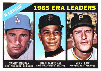 1966 Topps #221 National League 1965 ERA Leaders (Sandy Koufax / Juan Marichal / Vern Law) Front