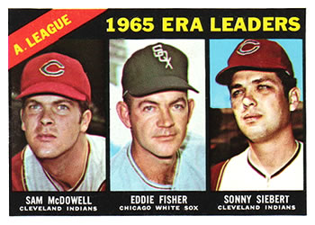 1966 Topps #222 American League 1965 ERA Leaders (Sam McDowell / Eddie Fisher / Sonny Siebert) Front