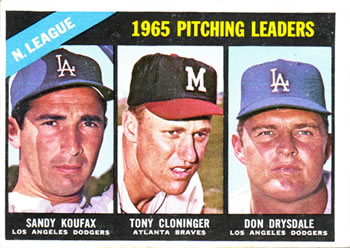 1966 Topps #223 National League 1965 Pitching Leaders (Sandy Koufax / Tony Cloninger / Don Drysdale) Front