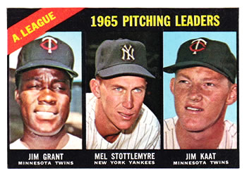 1966 Topps #224 American League 1965 Pitching Leaders (Jim Grant / Mel Stottlemyre / Jim Kaat) Front