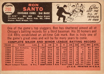 1966 Topps #290 Ron Santo Back