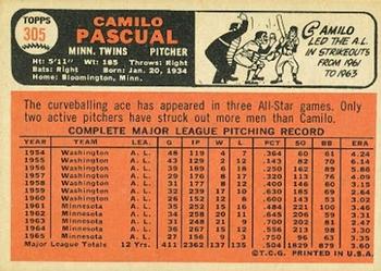 1966 Topps #305 Camilo Pascual Back