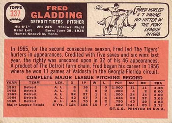 1966 Topps #337 Fred Gladding Back