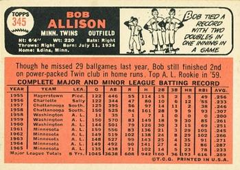 1966 Topps #345 Bob Allison Back