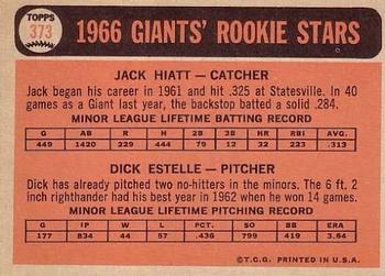 1966 Topps #373 Giants 1966 Rookie Stars (Jack Hiatt / Dick Estelle) Back