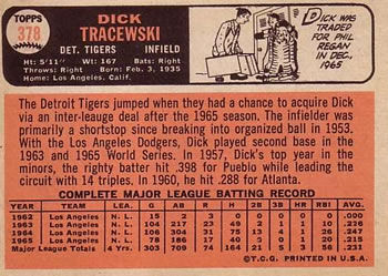 1966 Topps #378 Dick Tracewski Back